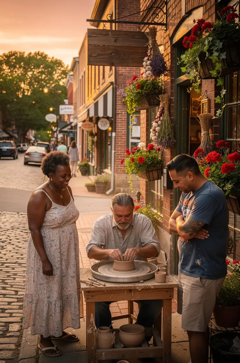 Туристы общаются с местным ремесленником в небольшой американской деревне во время мастер-класса по изготовлению керамики.